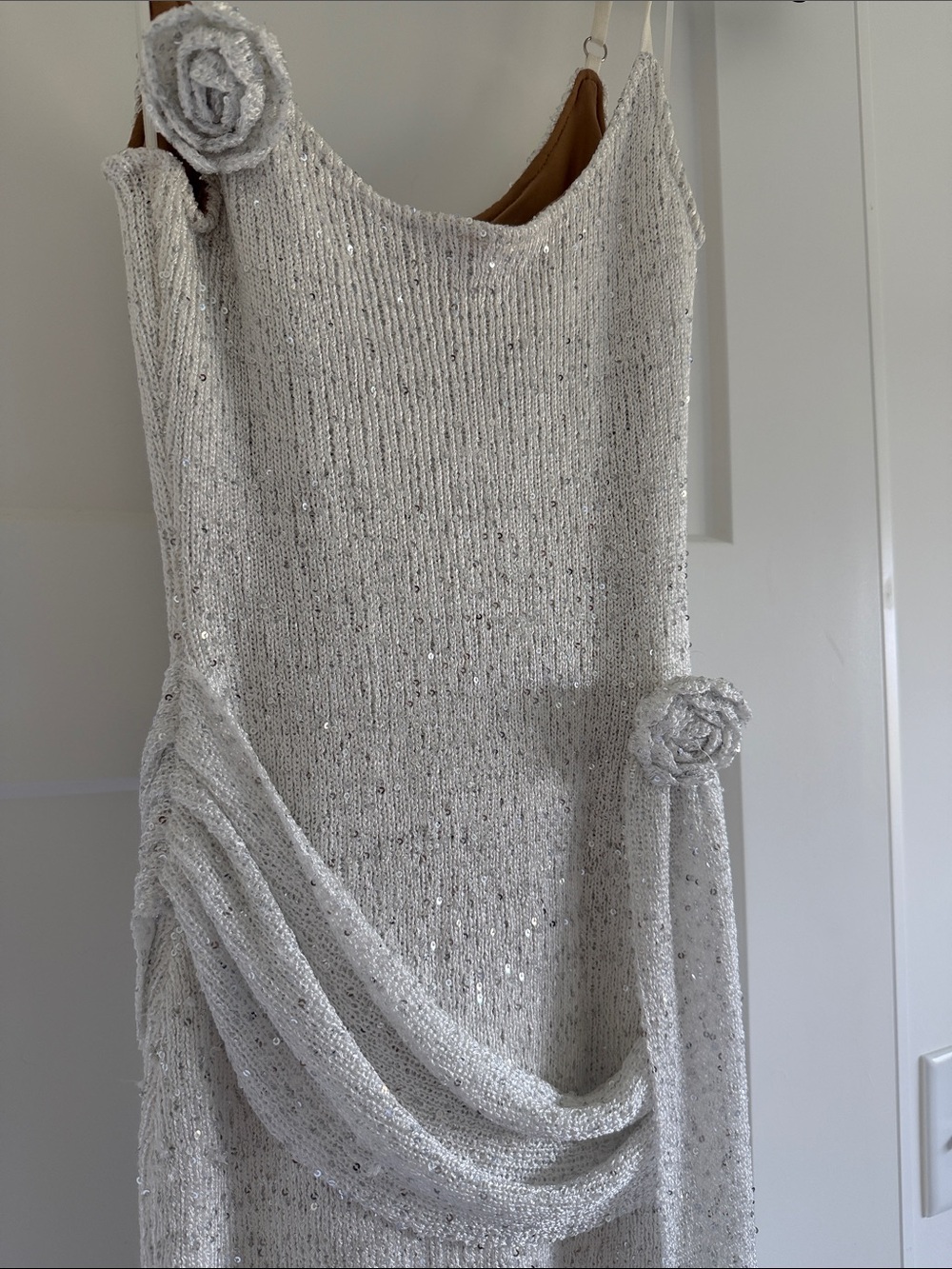 JLUXLABEL White Sequin Mini Slip Dress with Draped Rosette - Picture 3 of 4